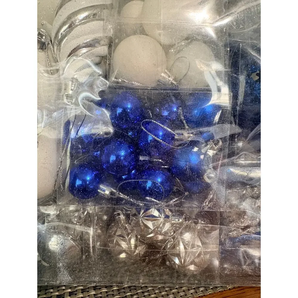Blue White Silver Shatterproof Christmas Ornaments 130 Pc Set & Star